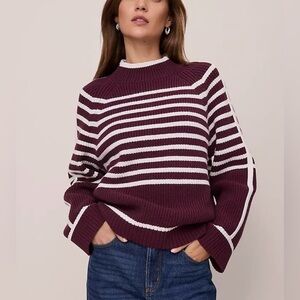Ann Taylor Mock Neck Burgundy White Striped Sweater Chunky knitted Women’s Sz XL